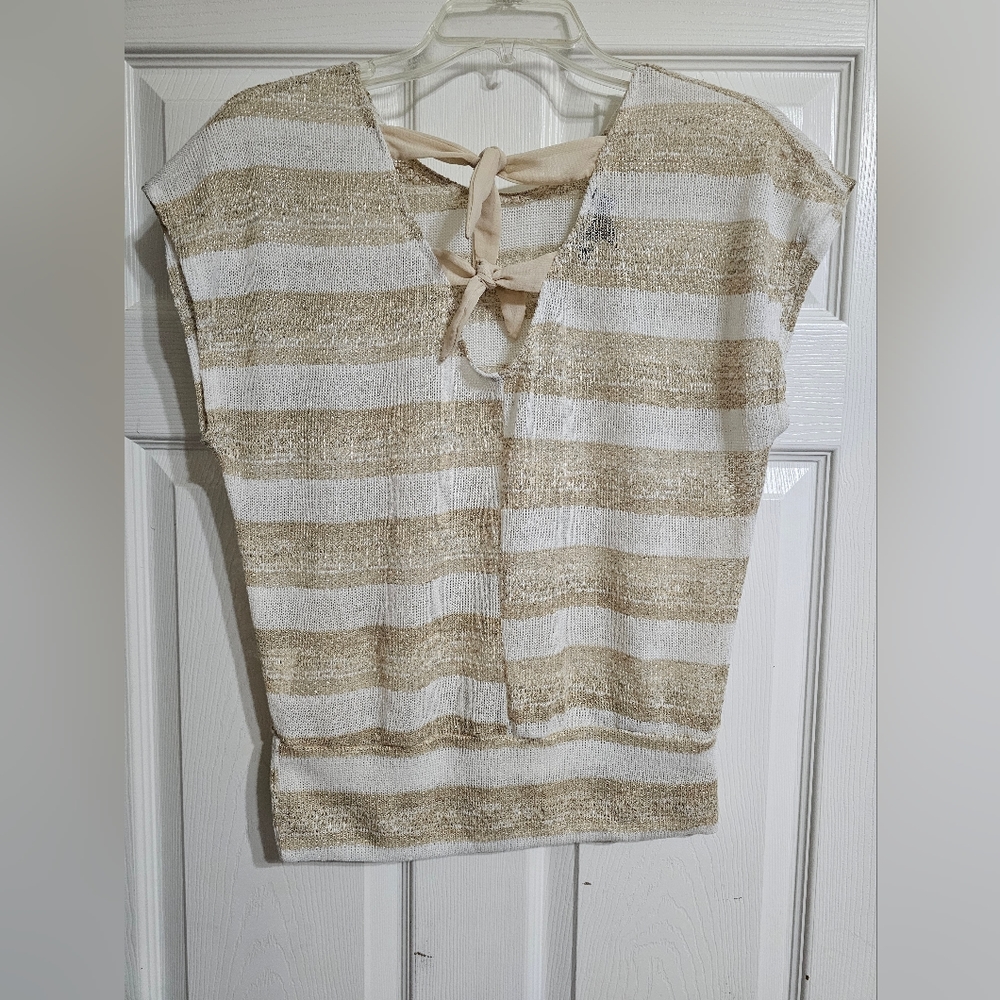 Iz Byer Women's Large Tan & White Sleeveless Striped Shimmer Sweater Top